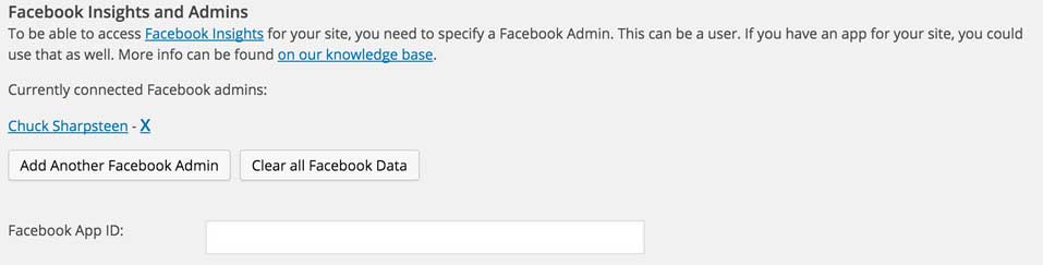 The Facebook Insights and Admins section in the Facebook tab in Yoast's Social settings.
