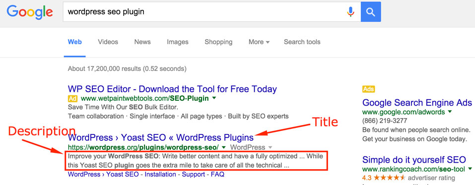 Example of title and description from a Google SERP.