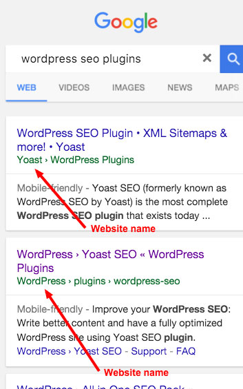 An example of what the "website name" feature help achieve in a Google mobile SERP.