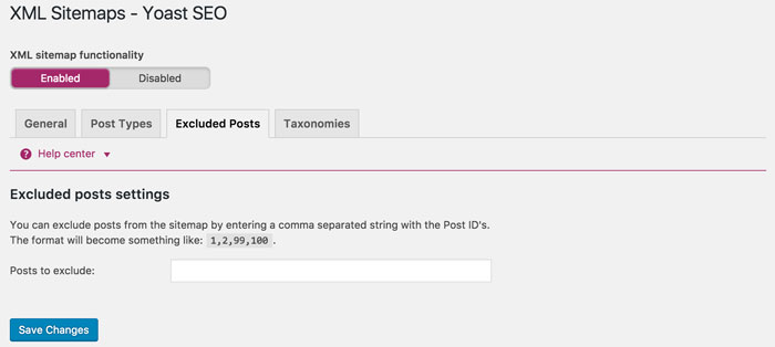 The Excluded Posts tab in Yoast's XML Sitemaps settings.