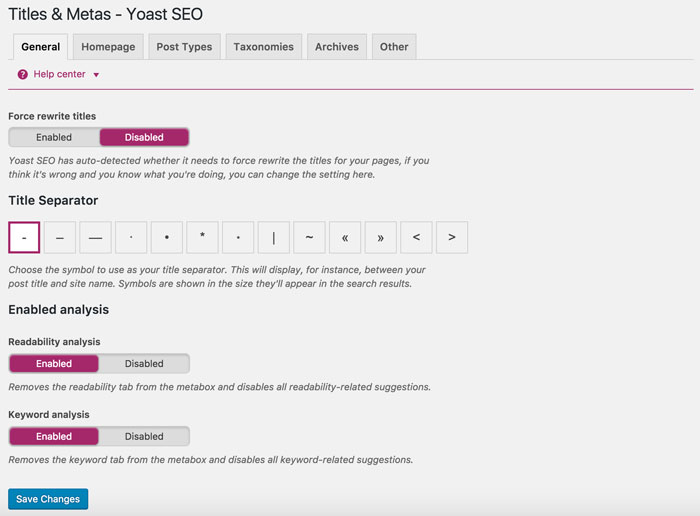The Titles & Metas section of Yoast SEO