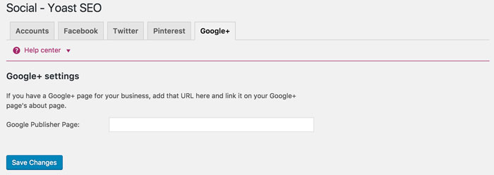 The Google+ tab in Yoast's Social settings.