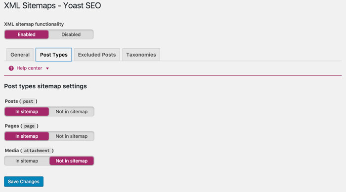 The Post Types tab in Yoast's XML Sitemaps settings.