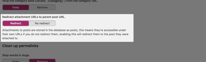 Checkbox to Redirect attachment URL's to parent post URL..