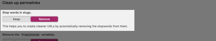 Checkbox option to remove stop words from slugs.