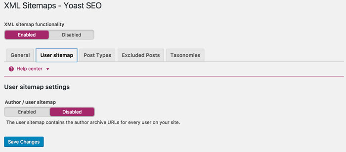 The User Sitemap tab in Yoast's XML Sitemaps settings